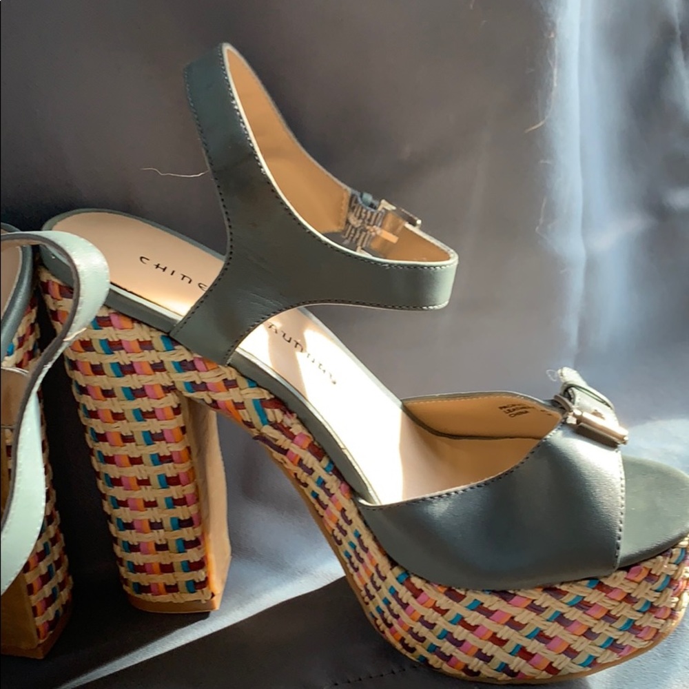Chinese Laundry Teal Leather Platform Sandals with Multicolor Woven Heel - Picture 2 of 7